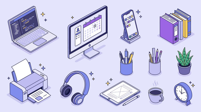 Isometric vector illustration of a modern workspace featuring a desktop computer laptop smartphone calendar and professional office business tools in clean outline style for creative desk setup.