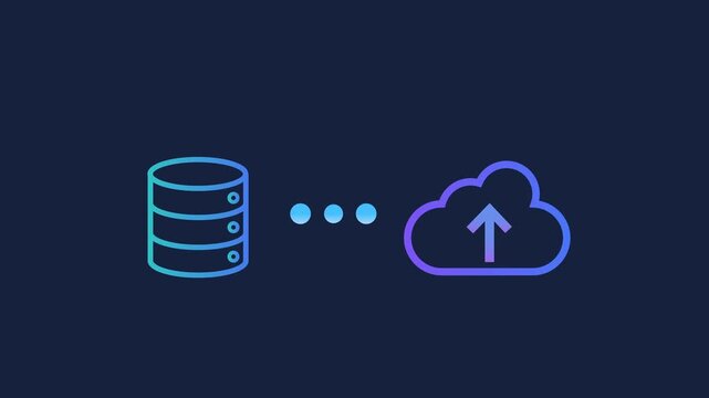 Animated motion graphics showing a database icon connecting to a digital cloud with an upload arrow. Concept of cloud backup, database migration, and remote information storage on dark blue.