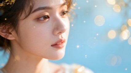 Fototapeta premium Closeup portrait of a woman with bokeh lights