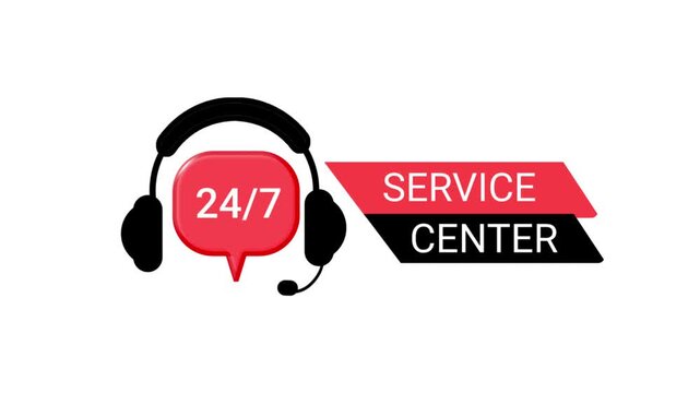 A headset icon with a red 24/7 speech bubble and service center banners animates against a white background.