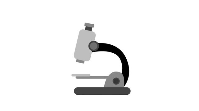 Flat vector animation of a laboratory microscope adjusting focus on white and green screen backgrounds.