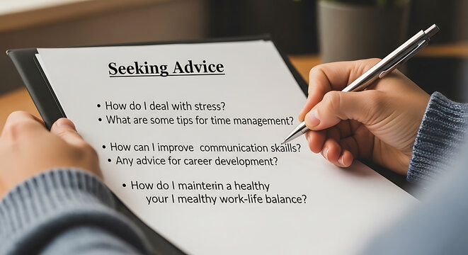 Seeking advice and personal development concept with stress management notes