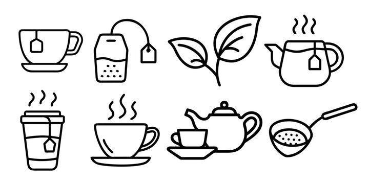 Tea brewing and drinking outline icons. Set of simple black line symbols representing tea culture, featuring tea bags, loose leaves, steeping teapots, to-go cups, and tea strainers