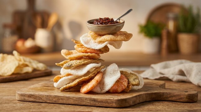 Abstract stack of traditional Indonesian krupuk crackers and shrimp chips on a wooden board, topped with a bowl of spicy sambal chili paste in a warm, rustic kitchen setting.