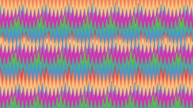 Colorful horizontal zigzag lines move rhythmically in a seamless geometric pattern background animation.