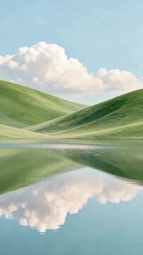 Green hills and lake reflection