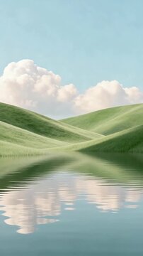 Lush green hills and serene water reflection