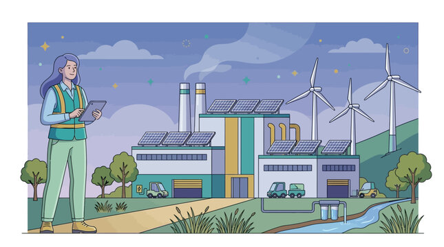Sustainable industrial factory vector with human character standing beside green manufacturing plant utilizing clean renewable energy power to mitigate climate change environmental impact.
