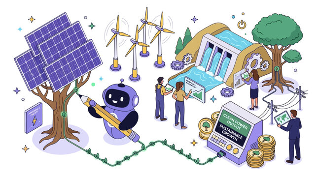 Renewable ecological development vector illustration featuring wind turbines and solar panels for sustainable green economic growth and clean electric power generation within a modern urban setting.