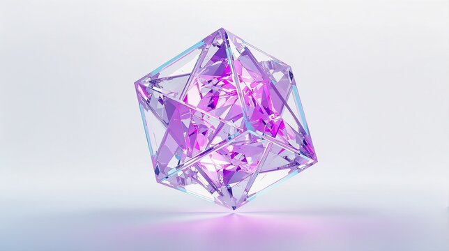 Crystalline glass tesseract hypercube with glowing violet and magenta light refraction
