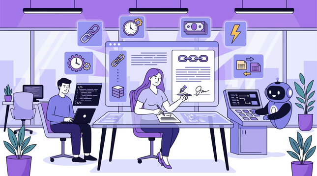 Futuristic digital blockchain smart contract concept featuring miniature business characters interacting with a glowing transparent holographic agreement screen in a high-tech studio environment