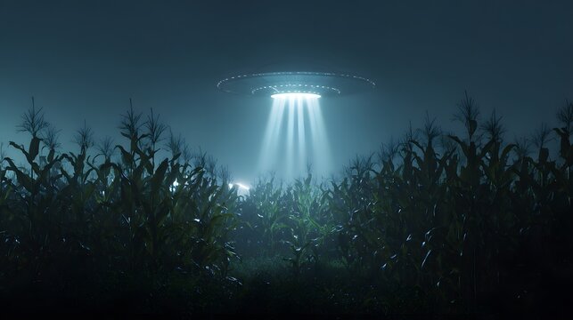 Mysterious flying saucer hovers over a dark cornfield at night with bright lights