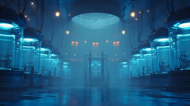 Futuristic alien laboratory with glowing glass chambers and advanced technology