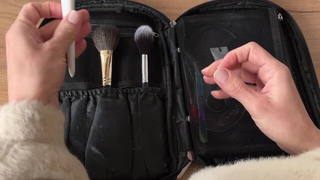 Top down view of woman hands placing and arranging professional makeup brushes into elastic loops of black zippered organizer case with mesh pocket on wooden desk, beauty tools storage and organizatio