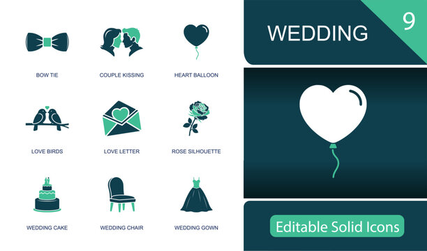 Wedding icon set. Containing bride, groom, engagement, love celebration, ceremony, wedding ring, floral decoration, romantic event and more. Solid fill vector icons collection.
