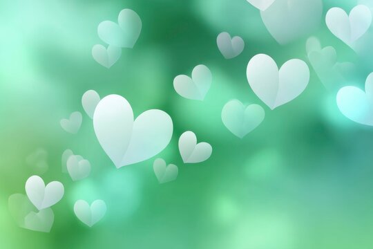 green hearts, bokeh background, banner for st. valentine's day, green gradient, heart pattern.