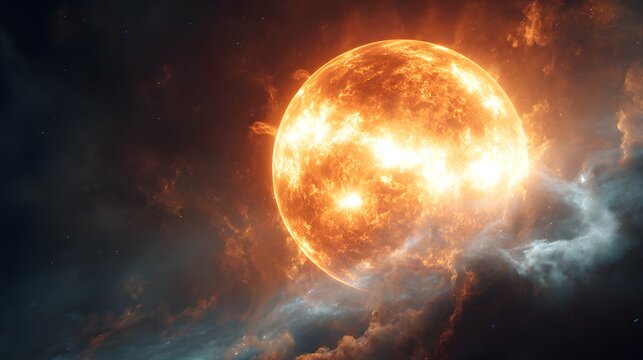 Massive sun glowing intensely in deep space with solar flares and cosmic clouds