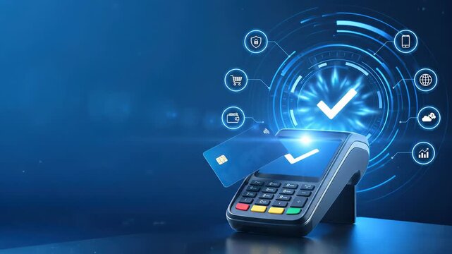 Contactless payment credit card near pos terminal digital wallet interface for secure transaction fintech network hud online banking checkout icon