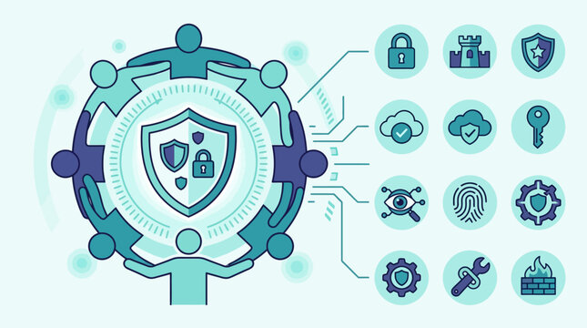 Cybersecurity vector illustration featuring a group of people forming a circle around a shield and padlock icon, accompanied by data protection and digital security symbols.