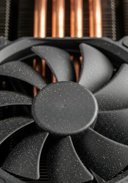 Close-up of a Dusty Computer CPU Cooling Fan with Copper Heat Pipes and Radiator Fins for