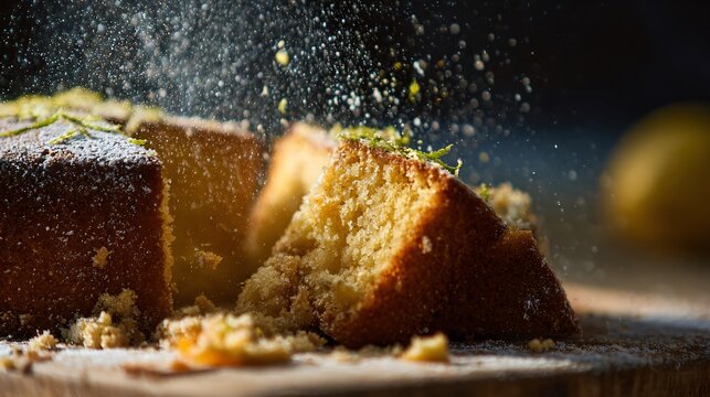 Olive oil citrus cake mid-slice with crumbs breaking away, action captured naturally