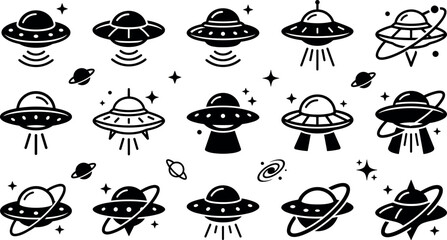 Black UFO Icon Vector Set Featuring Simple Designs, Cosmic Elements, and Space Exploration Themes © DabashChandra