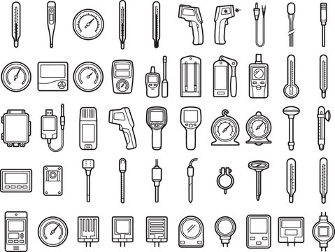 A diverse collection of temperature measuring instruments, meticulously rendered with crisp line art, conveying a sense of scientific precision and technological advancement.