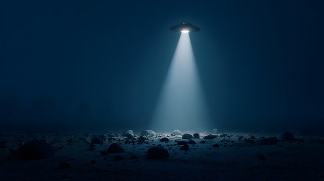 UFO hovering over desert floor at night with bright beam of light