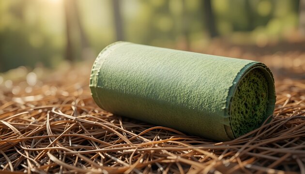 A roll of green material on hay.