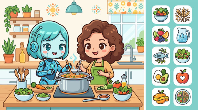 Cute Chibi Vector Illustration of a Girl and a Blue Robot Cooking a Healthy Meal Together in a Kitchen. Includes Nutrition Icons for Fruits, Vegetables, Grains, and Proteins.