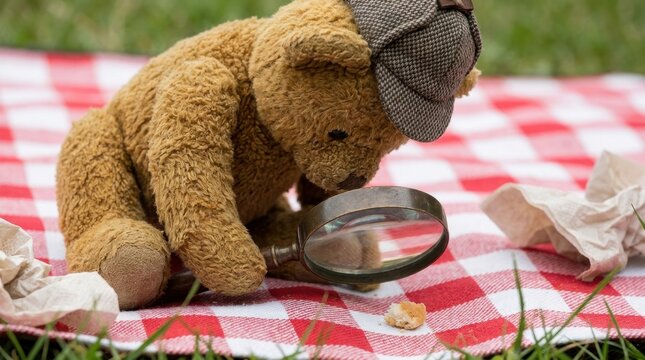 Fuzzy brown teddy bear wearing a miniature grey detective deerstalker hat sits on a red and white checkered picnic blanket in the grass, using a magnifying glass to inspect a bread crumb.