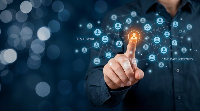 Digital network connecting HR software CRM and candidate screening for modern recruitment