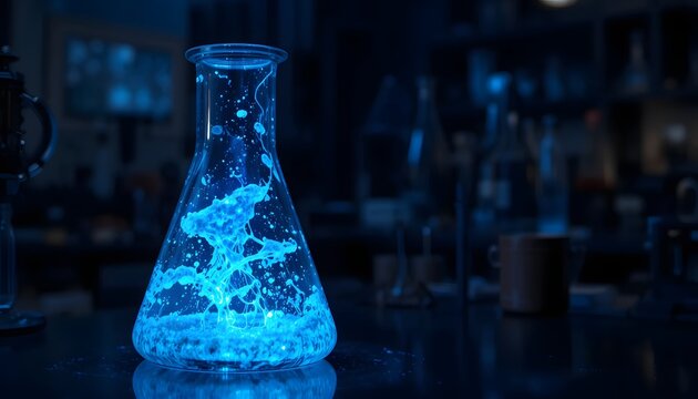 Glowing blue liquid in a laboratory flask.