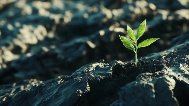 A plant emerges from soil in a rocky area under natural light illustrating survival in tough surroundings