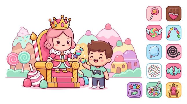 Kawaii flat vector illustration of a candy princess on a gold throne and a boy in a dessert kingdom, featuring set of UI game icons for lollipops, chocolate, and sweets.
