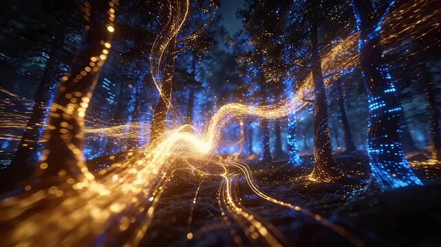 Mystical forest at night with golden and blue glowing light streams wrapping around trees