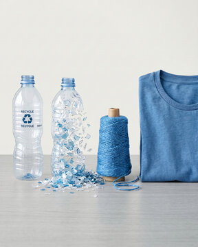 Transformation concept of a plastic PET bottle into a recycled T-shirt.