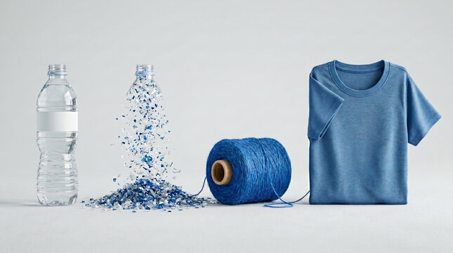 Transformation concept of a plastic PET bottle into a recycled T-shirt.