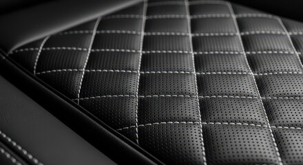 Fototapeta premium Premium Black Leather Upholstery with Perforated Surface and White Diamond Quilted Stitchi
