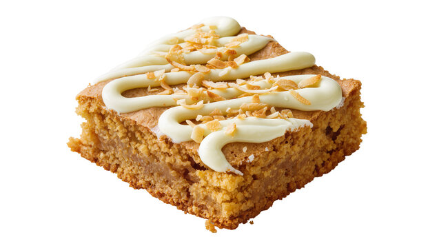 Golden brown blondie with white frosting drizzle and toasted coconut flakes, isolated on transparent background
