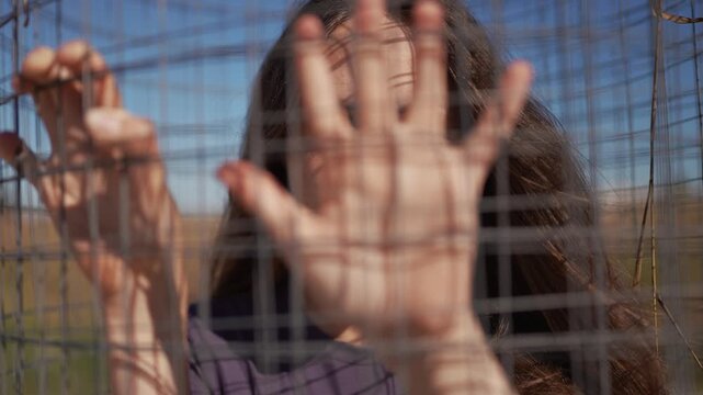 immigration. woman's hands press against the wire, intertwining with the wire under sunlight. Shadows from the wire fall upon the woman's hair, creating a textured pattern.