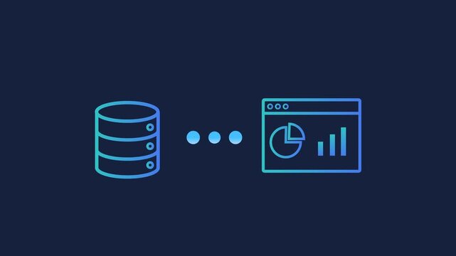 Animated motion graphics showing a database icon connecting to a web dashboard with charts and graphs. Concept of data analytics, backend information processing, and real-time visualization