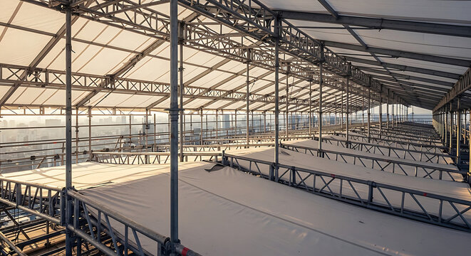Complex metal scaffolding roof structure with protective canopy on a highrise building site highlighting construction safety and urban renovation at golden hour