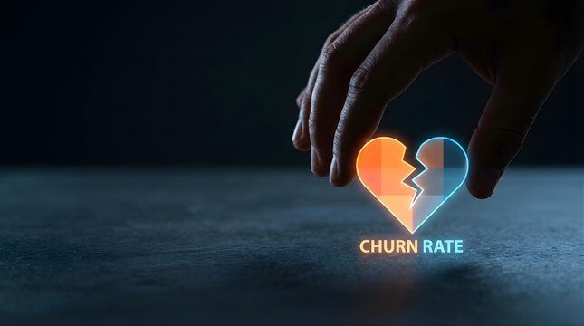Business churn rate concept with glowing broken heart icon and digital analytics symbol on dark background
