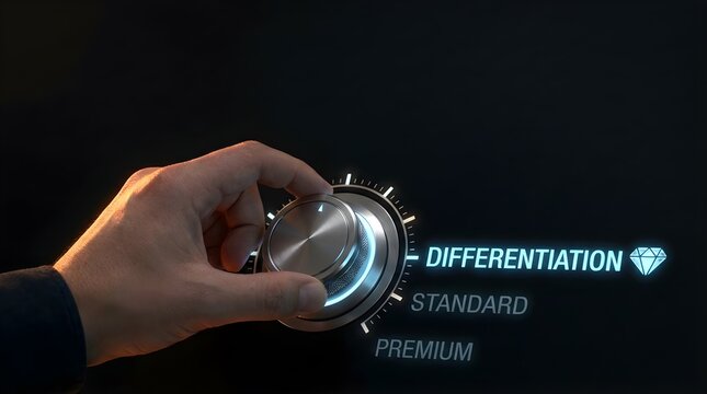 Business professional hand adjusting metal knob to differentiation setting for strategic corporate branding growth