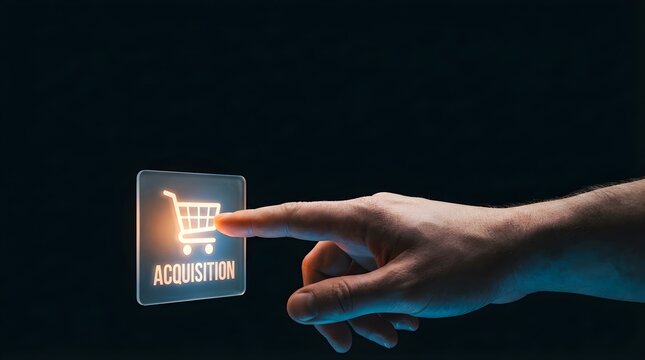 Finger tapping virtual acquisition button with glowing shopping cart icon for digital payment and e commerce