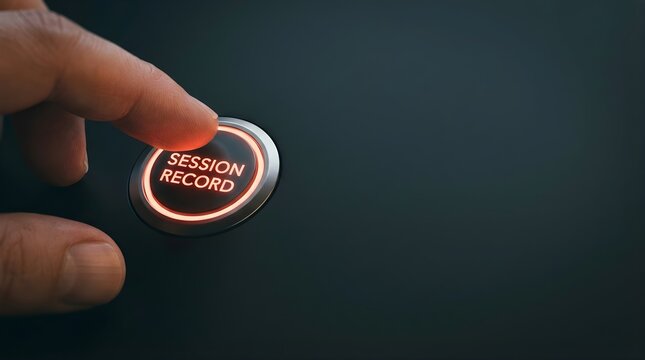 Finger pressing glowing session record button on dark interface for data capture and monitoring technology concept