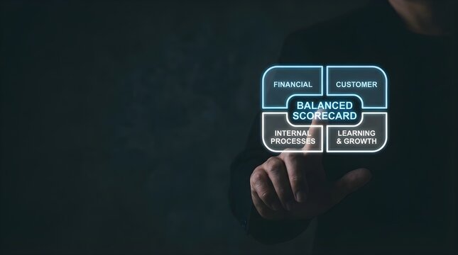 Business professional interacting with a digital balanced scorecard dashboard interface for strategic management