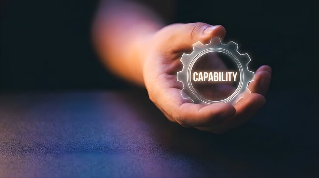 Hand holding gear wheel with capability text in futuristic style conceptual close up shot
