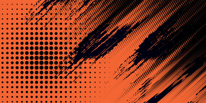 Orange and black grunge urban background with dry rough texture and halftones pattern. Hand drawn punk vector retro banner